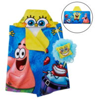 SpongeBob SquarePants Kids Hooded Towel and Character Loofah Set, Cotton, Blue, Nickelodeon