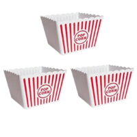 Retro Popcorn Set Bowl Plastic Classic Tub Red & White Striped Square Container Movie Night Theater Bucket Reusable and Stackable 8.5 inches Pack of 3
