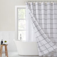 better Homes & Gardens Farmhouse 14 Piece Windowpane Cotton/PEVA Shower Curtain with Shower Liner & Curtain Hooks, 72 in x 72 in, White/Black
