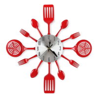 16 Inch Large Kitchen Wall Clocks with Spoons and Forks,3D Tableware Wall Clock Room Home Decoration(Red)