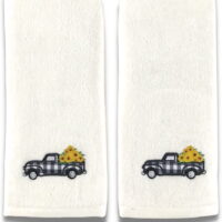 Decorative Fall Hand Towels: Plush Velour Cotton Embroidered Farmhouse Black White Check Truck with Sunflowers Design, 2 Piece Set (25' x 16' Inch)