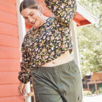 The Get Women's Plus Size Button Back Crop Top with Long Sleeves