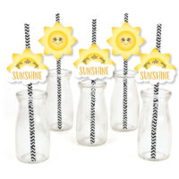 You Are My Sunshine Paper Straw Decor - Baby Shower or Birthday Party Striped Decorative Straws - Set of 24