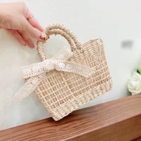 Giỏ Mây Tre Đan Mini Vuông Có Quai Xách Kèm Ren