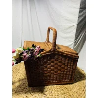 Giỏ Mây Tre Đan Pic-nic Nắp Gập Màu Nâu