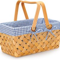 Giỏ Mây Tre Đan Chữ Nhật Lót Vải Kẻ Caro Xanh Có Quai Gỗ