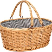 Giỏ Mây Tre Đan Bầu Dục Lót Vải Sọc Có Quai