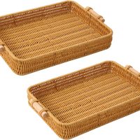 Giỏ Mây Tre Đan Chữ Nhật Dạng Khay Có Tay Cầm Gỗ