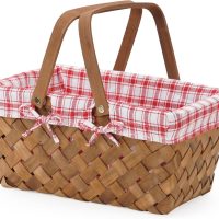 Giỏ Mây Tre Đan Chữ Nhật Lót Kẻ Caro Đỏ Có Quai Gỗ