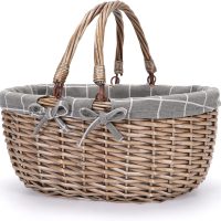 Giỏ Mây Tre Đan Bầu Dục Lót Vải Kẻ Caro Xám Có Quai