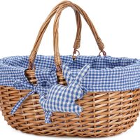 Giỏ Mây Tre Đan Bầu Dục Lót Kẻ Caro Xanh Kèm Thỏ