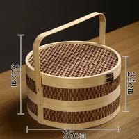 Giỏ Mây Tre Đan Tròn Dạng Hộp Chia Tầng Có Quai