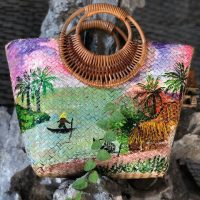 Giỏ Mây Tre Đan Dạng Túi Đáy Rộng Họa Tiết Phong Cảnh