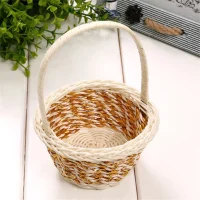 Giỏ Mây Tre Đan Tròn Trắng Vàng Lấp Lánh Có Quai