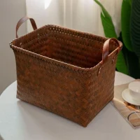 Giỏ Mây Tre Đan Chữ Nhật Màu Nâu Có Tay Cầm Da