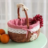 Giỏ Mây Tre Đan Tròn Trang Trí Ren và Nơ