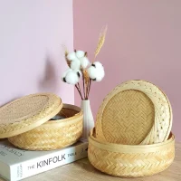 Giỏ mây tre đan tròn có nắp đậy kiểu truyền thống