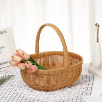 Giỏ Mây Tre Đan Tròn Cắm Hoa Có Quai