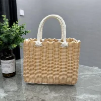 Giỏ Mây Tre Đan Chữ Nhật Đứng Màu Sáng Có Quai Trắng