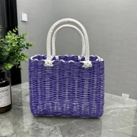 Giỏ Mây Tre Đan Chữ Nhật Đứng Màu Tím Có Quai Trắng