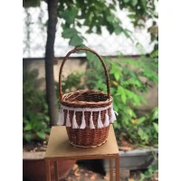 Giỏ Mây Tre Đan Tròn Màu Nâu Trang Trí Tua Rua