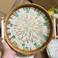 Giỏ mây tre đan tròn mặt khảm trai hoa văn xanh ngọc