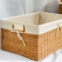 Giỏ Mây Tre Đan Chữ Nhật Lót Vải Màu Kem Có Nơ