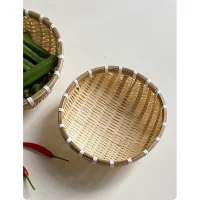 Giỏ Mây Tre Đan Tròn Dạng Sàng Viền Trắng