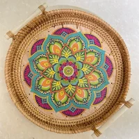 Giỏ mây tre đan tròn tay cầm gỗ họa tiết Mandala